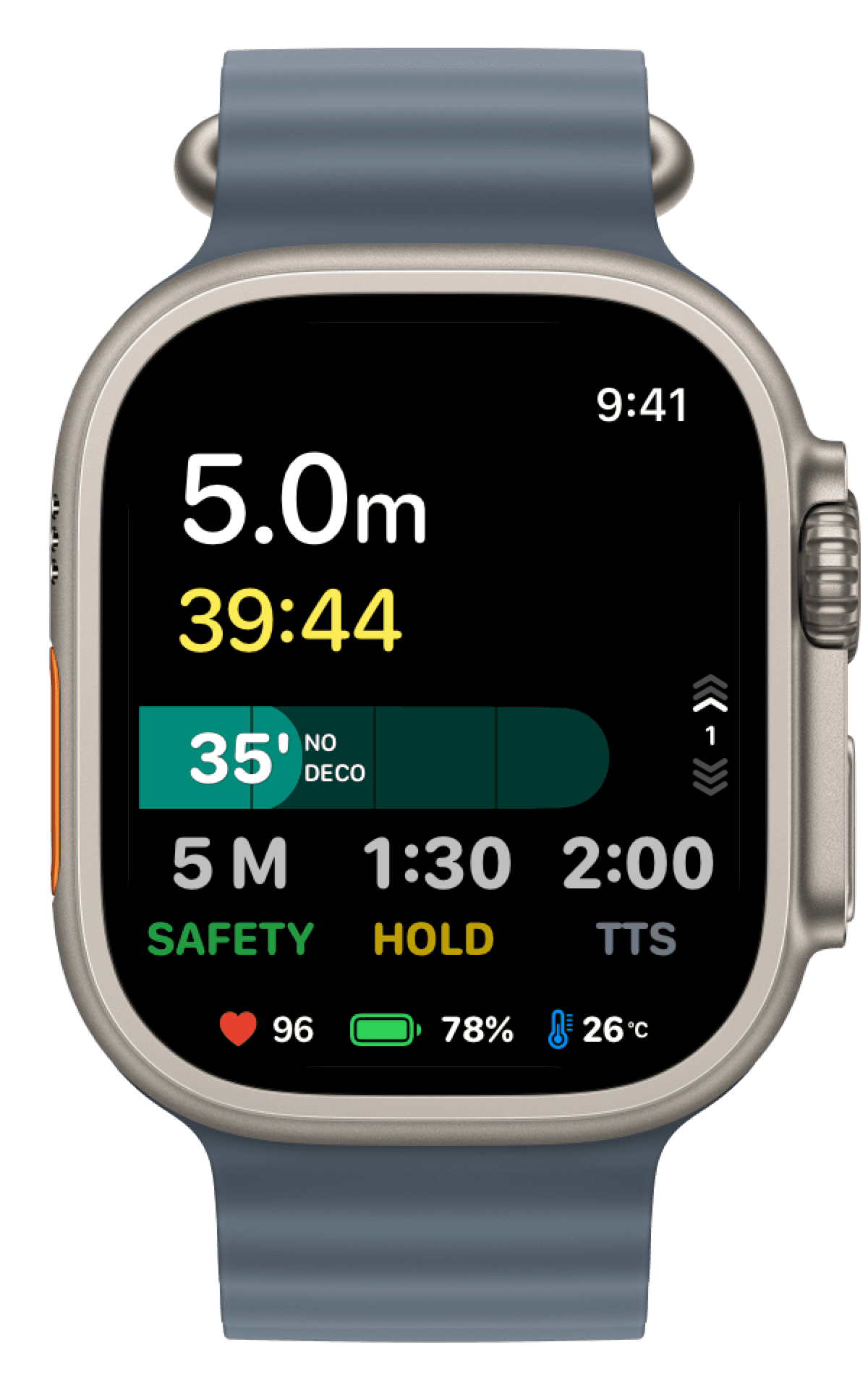 Apple Watch Ultra showing DIVEROUT Safety Stop guidance