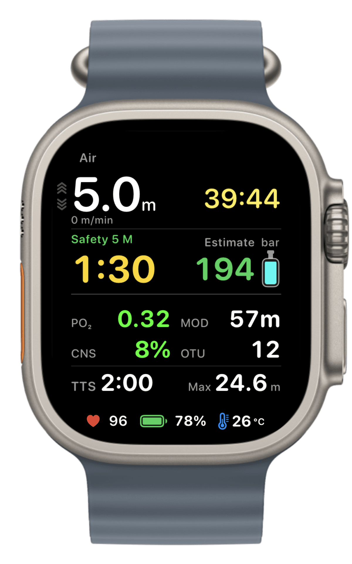 Apple Watch Ultra showing DIVEROUT Safety Stop guidance
